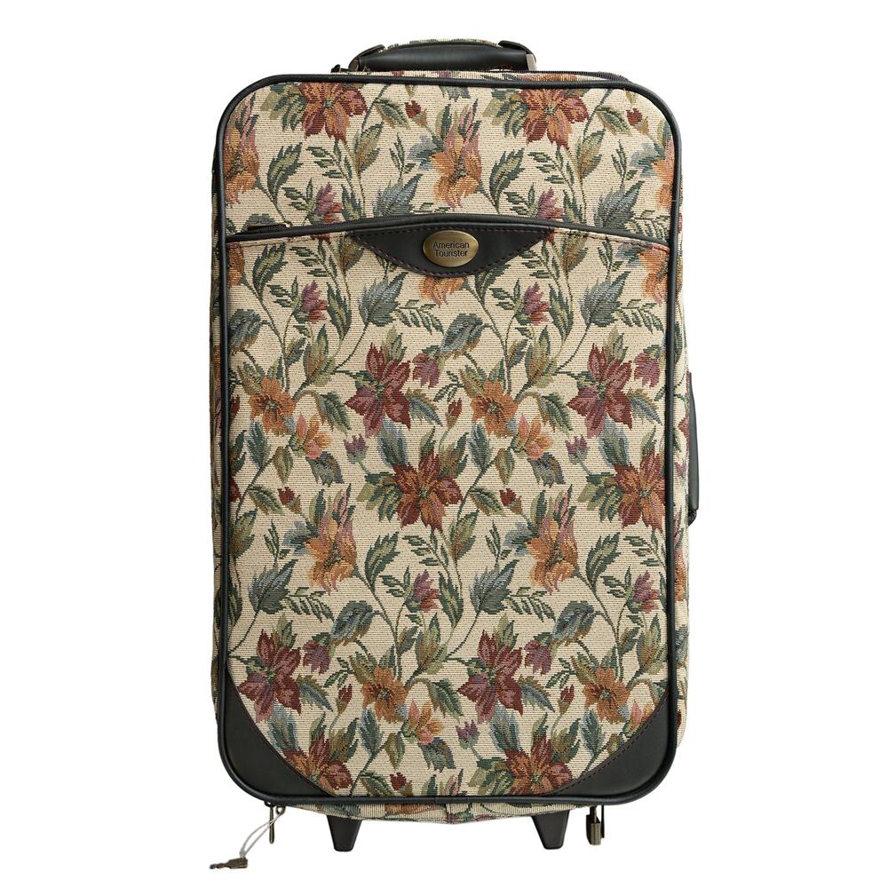 Vintage American Tourister Floral Tapestry Rolling Suitcase w/Original Lock &Key